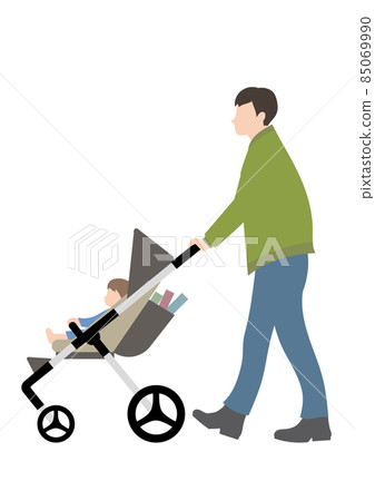 A baby and a man pushing a stroller containing a book (for the image of returning from the library or reading aloud) 85069990