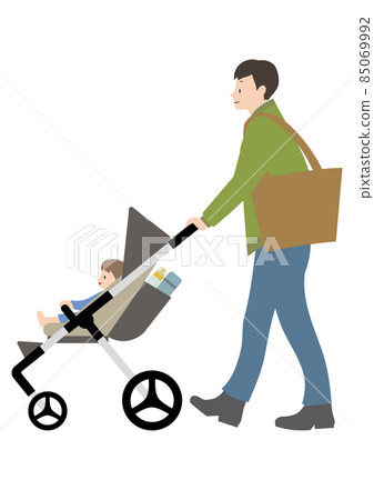 一個嬰兒和一個男人推著裝有水瓶/奶瓶的嬰兒車（在走路或購物的圖像中，有一個面部表情） 85069992