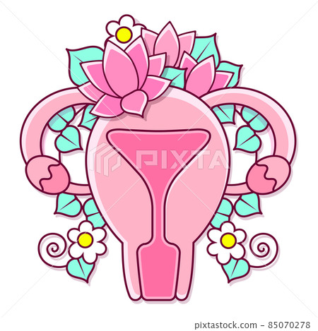 Beautiful Female Reproductive System with Flowers.Feminine Gynecology.Anatomical Female Uterus,Ovaries.Vagina Symbol Menstruation.Hand Drawn Uterus,Womb Female Reproductive Organs. Vector 85070278