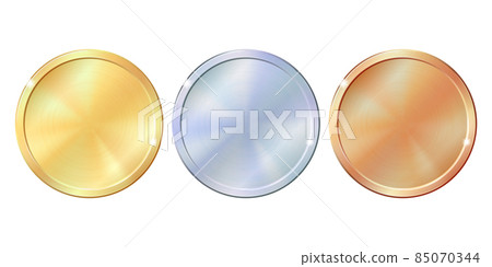 Set of gold, silver and bronze round empty medals. 85070344