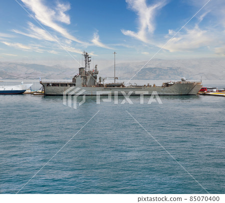 Hellenic Navy military ship moored in port. Corfu, Greece. Hellenic Navy military ship moored in port. Corfu, Greece. 85070400