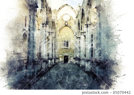 Watercolor drawing. Ruin of the Igreja do Carmo church in Lisbon 85070442
