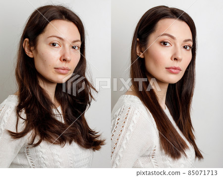 Woman before and after makeup. . The concept of transformation, beauty after applying makeup with a makeup artist. Result without retouching Woman before and after makeup. . The concept of transformation, beauty after applying makeup with a makeup artist. Result without retouching 85071713