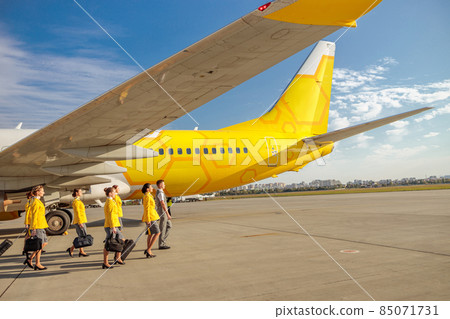 Airline workers walking near airplane at airport 85071731