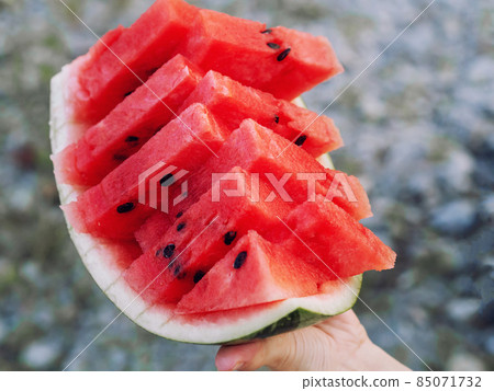 Ripe red watermelon neatly sliced into triangular slices in hand on blurred background 85071732