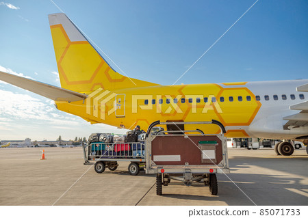 Airport luggage trolleys before loading into the aircraft 85071733