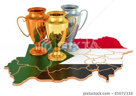 Trophy Cups on Sudanese map. Sport Tournaments in Sudan, concept. 3D rendering Trophy Cups on Sudanese map. Sport Tournaments in Sudan, concept. 3D rendering 85072338
