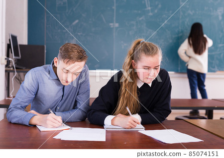 Female and male students writing notes together 85074151