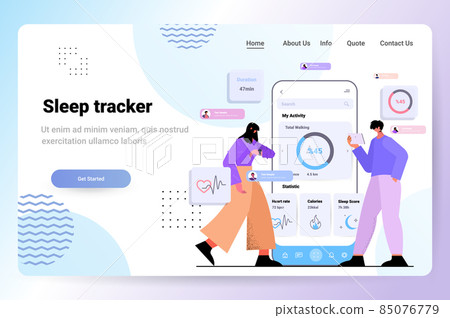 people using electronic smart watch app tracker on hand quality and quantity sleep control concept 85076779
