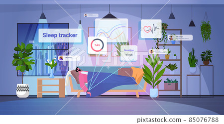 tired man sleeping with electronic smart watch app tracker on hand quality and quantity sleep control concept 85076788
