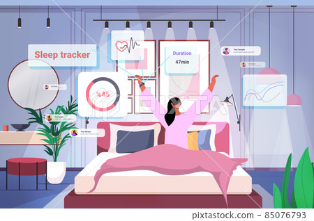 woman wake up from sleep with electronic smart watch app tracker on hand quality and quantity sleep control 85076793