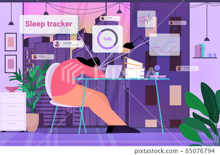 tired businesswoman sleeping with electronic smart watch app tracker on hand quality and quantity sleep control concept 85076794