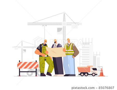 construction workers team holding blueprint industrial technicians builders group over city construction site tower cranes 85076807