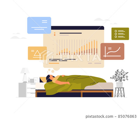 overworked businesswoman sleeping in bed tired businesswoman thinking about financial company statistics data report overworked businesswoman sleeping in bed tired businesswoman thinking about financial company statistics data report 85076863