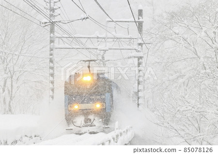 A freight train running on the Joetsu line in a blizzard 85078126