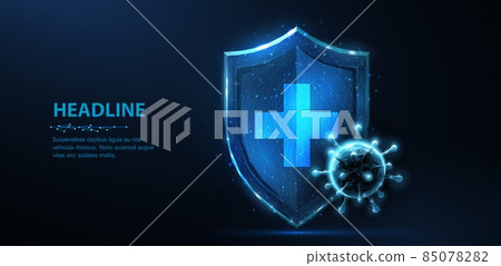 Shield with cross and virus. Abstract vector 3d viral microbe on shield. 85078282