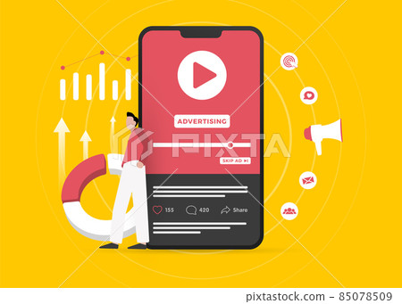 Video Advertising business concept. Online native targeting programmatic advertising marketing strategy. Inbound digital marketing business promotion with online broadcasting, streaming video content 85078509