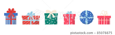 Set of colourful gifts, many different boxes with bows and red, blue, green patterns. Vector isolated illustration bundle. Set of colourful gifts, many different boxes with bows and red, blue, green patterns. Vector isolated illustration bundle. 85078875