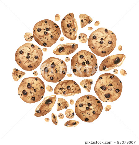 Watercolor collection of biscuits with chocolate. Hand drawn baked food on white background. Backdrop of cookies for menu, packaging and greeting card. Watercolor collection of biscuits with chocolate. Hand drawn baked food on white background. Backdrop of cookies for menu, packaging and greeting card. 85079007