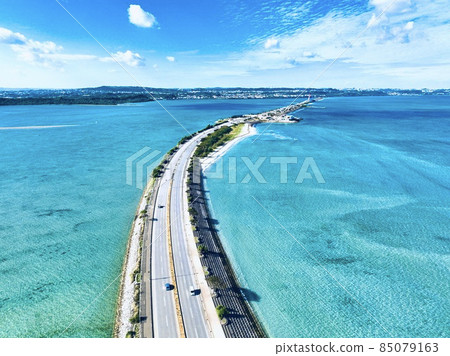 Aerial view of the popular tourist spot Kaichu Road in Okinawa Prefecture with a drone 85079163