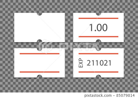 Self-adhesive paper price tag with two red stripes. Blank price label. White sticker to indicate the expiration date. Vector illustration isolated on transparent background Self-adhesive paper price tag with two red stripes. Blank price label. White sticker to indicate the expiration date. Vector illustration isolated on transparent background 85079814