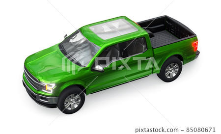 A large blue modern pickup truck with a double cab, glowing headlights on a white uniform background. 3d rendering. A large blue modern pickup truck with a double cab, glowing headlights on a white uniform background. 3d rendering. 85080671