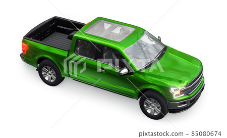 A large blue modern pickup truck with a double cab, glowing headlights on a white uniform background. 3d rendering. A large blue modern pickup truck with a double cab, glowing headlights on a white uniform background. 3d rendering. 85080674