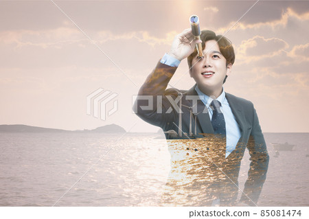 ESG Environmental, social and corporate governance innovation poster with Asian model in double exposure with nature energy background 85081474