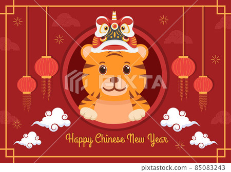 Happy Chinese New Year 2022 with Zodiac Cute Tiger and Flower on Red Background for Greeting Card, Calendar or Poster in Flat Design Illustration 85083243
