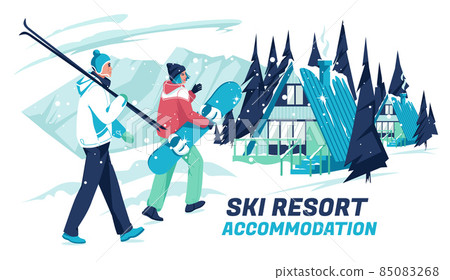 Two snowboarders, a man and a woman, walk towards the wooden chalet houses against the backdrop of a winter landscape. Accommodation in a ski resort. Winter sports. Flat vector illustration 85083268