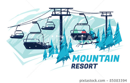 Ski lift with people on the background of the winter mountain landscape. Extreme winter sports. Lifestyle. Flat vector illustration. Ski lift with people on the background of the winter mountain landscape. Extreme winter sports. Lifestyle. Flat vector illustration. 85083394