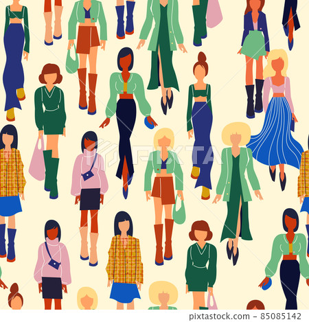 Seamless pattern. Women in trendy clothes. Fashion flat style illustration. Seamless pattern. Women in trendy clothes. Fashion flat style illustration. 85085142