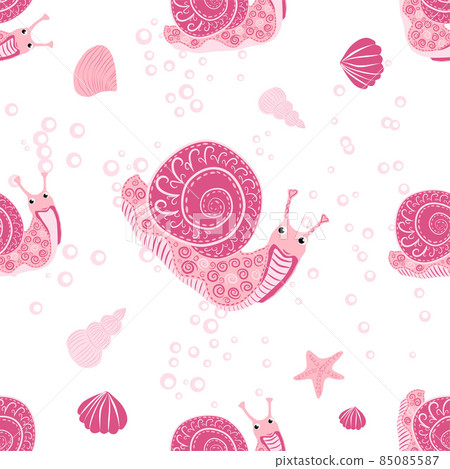Snail pink, sea inhabitants seamless pattern, beautiful character among seashells, seaweed, starfish, sea animals of wildlife. 85085587