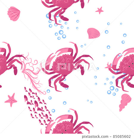 Crab marine life, fish, animals bright seamless pattern. sea travel, snorkeling with animals, tropical fish Crab marine life, fish, animals bright seamless pattern. sea travel, snorkeling with animals, tropical fish 85085602