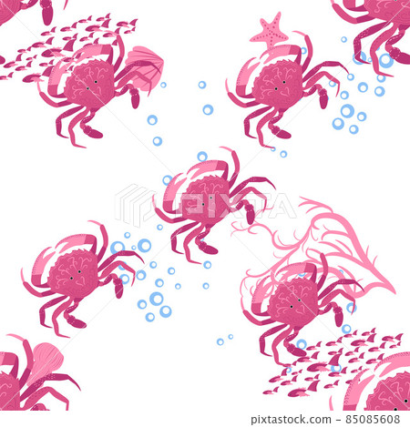 Crab marine life, fish, animals bright seamless pattern. sea travel, snorkeling with animals, tropical fish Crab marine life, fish, animals bright seamless pattern. sea travel, snorkeling with animals, tropical fish 85085608