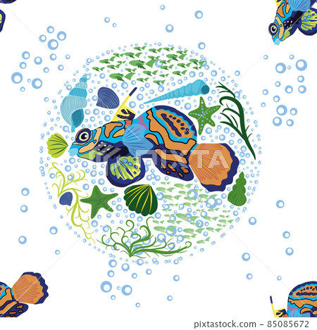 Mandarin fish seamless patterns. beautiful character among seashells, seaweed, starfish, sea animal wildlife character. Nature underwater, marine wild ocean zoo fish Mandarin fish seamless patterns. beautiful character among seashells, seaweed, starfish, sea animal wildlife character. Nature underwater, marine wild ocean zoo fish 85085672