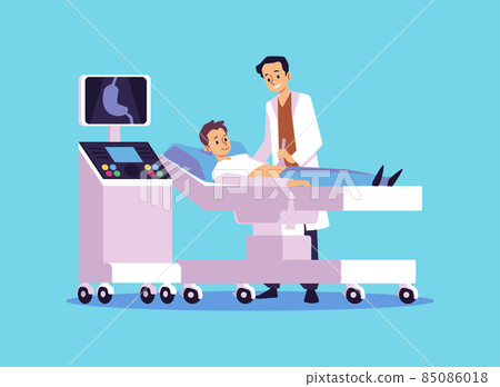 Ultrasound stomach scan of young male lying on hospital wheel bed. Doctor examines man patient's abdomen. Ultrasound stomach scan of young male lying on hospital wheel bed. Doctor examines man patient's abdomen. 85086018