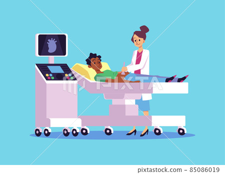 Female doctor scans heart of African boy. Ultrasound of cardiovascular system 85086019