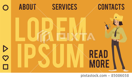 Female ranger character, wearing stetson hat and khaki uniform, standing and talking with walkie talkie radio, vector. Female ranger character, wearing stetson hat and khaki uniform, standing and talking with walkie talkie radio, vector. 85086038