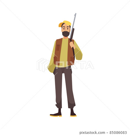 Hunter male cartoon character with rifle, flat vector illustration isolated. 85086083
