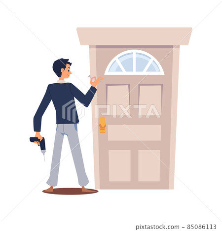 Man makes repairs on his own in his home, flat vector illustration isolated. 85086113