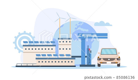 Flat hydrogen fuel factory, gas station and car. Ecologic renewable energy generation by PEM water electrolysis. Hydrogen vector concept 85086136