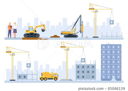 Flat houses construction process stages with building machinery. Engineers, excavator and crane build. Real estate industry vector concept 85086139