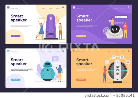 Electronic smart speakers with virtual assistant web page. People control devices with voice commands. Interactive ai device vector landings 85086141