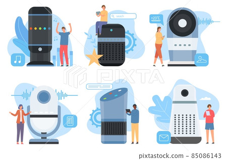 Interactive smart speaker, wireless voice command device. People use house ai audio assistant for communication and internet vector concept 85086143