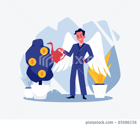 Business angel investor watering money tree, flat vector illustration isolated. 85086156