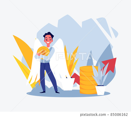 Business angel investor man holding coins, flat vector illustration isolated. 85086162