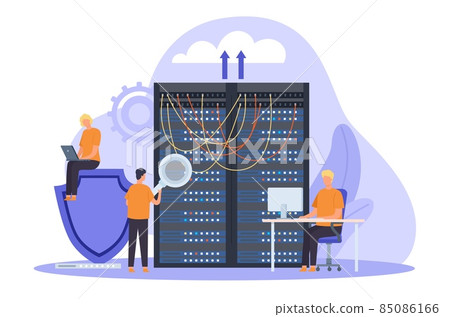 System administrator, server maintain, support and security concept. Cloud network storage technology, sysadmin fixing servers vector banner 85086166