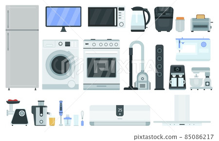 Flat kitchen electrics and appliances, home technology items. Refrigerator freezer, tv, oven, microwave, conditioner and washer vector set 85086217