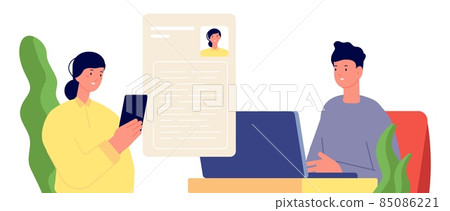 Girl send resume to HR. Recruitment, woman looking job online. CV in internet, web connect with professionals. Find new work vector concept Girl send resume to HR. Recruitment, woman looking job online. CV in internet, web connect with professionals. Find new work vector concept 85086221
